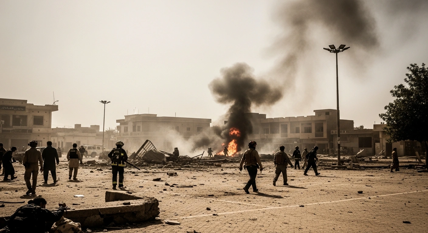 Emergency responders work at the site of a suicide bombing at an anti-militant rally in northwestern Pakistan.