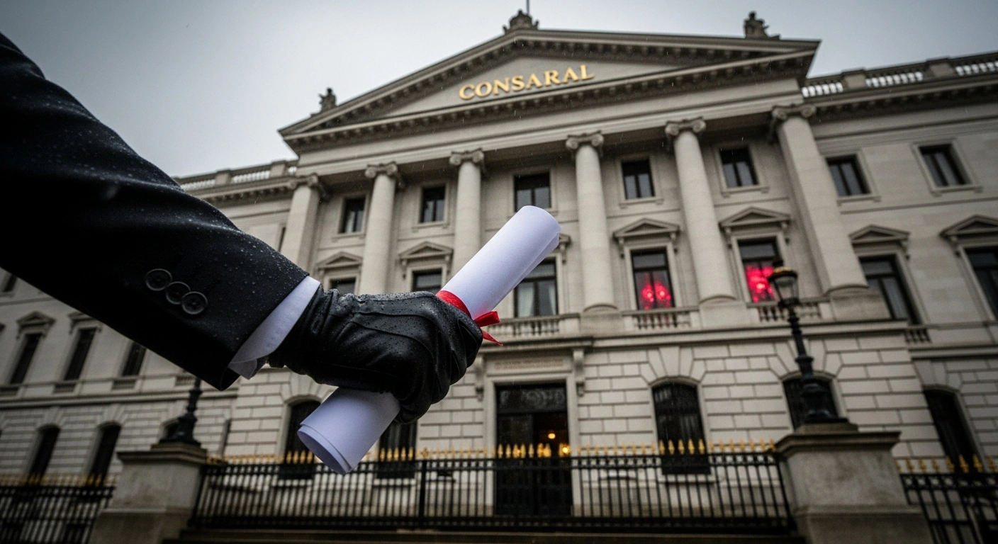 A low-angle, wide shot of a grand, historic building under an overcast, rainy sky, with a gloved hand holding a rolled diplomatic document in the foreground, symbolizing Pakistan's formal demarche to the United Kingdom regarding incitement against its military leadership, including Field Marshal Syed Asim Munir, following a provocative video from a Bradford protest.