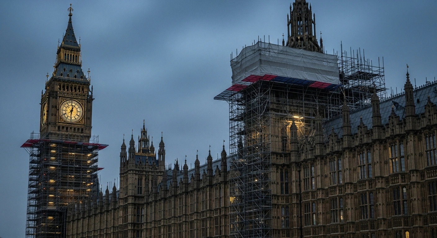 A dramatic low-angle view of the Palace of Westminster at twilight, with extensive scaffolding covering parts of its crumbling Victorian facade, symbolizing the immense cost and time required for its restoration and ongoing urgent repairs.