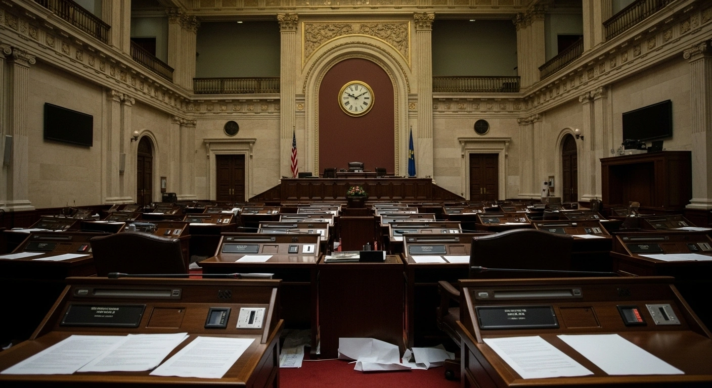 An eerily empty legislative chamber in Palau, dimly lit by late-night fluorescent lights, with scattered papers on desks and a wall clock nearing midnight, symbolizing stalled budget negotiations and a looming government shutdown due to absent delegates.