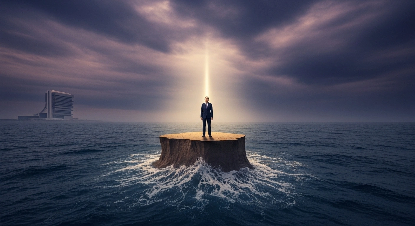 A dignified leader, representing Palau's President Surangel Whipps Jr., stands resolutely on a tiny, eroding sandbar amidst a turbulent ocean under a stormy sky, with the distant, subtle architecture of the UN General Assembly visible, symbolizing the urgent call for climate justice and ocean protection for small island nations facing existential threats.