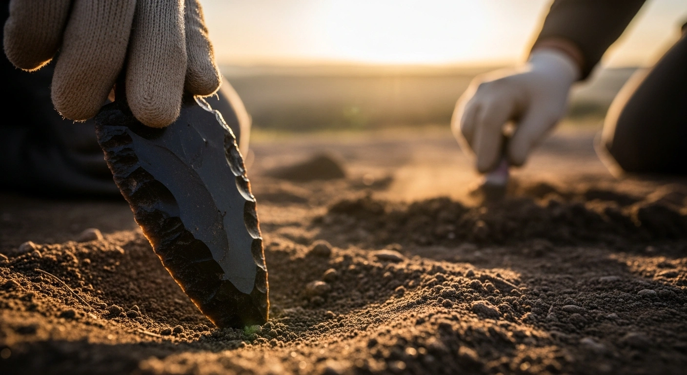 An archaeologist's gloved hand carefully unearths a finely crafted Paleolithic stone blade from the earth in central Spain, symbolizing ancient long-distance social networks from 26,000 to 22,000 years ago.