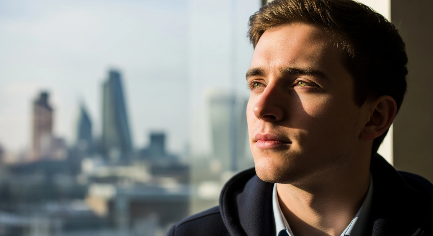 A young man with a contemplative expression, illuminated by soft, directional light, stands before a subtly blurred city skyline, representing a Palestinian citizen granted asylum in the UK.