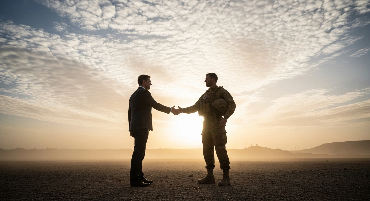 A wide, cinematic low-angle shot at dawn shows two silhouetted figures, one in a suit extending a hand towards another in an Australian military uniform, looking towards a distant, war-torn horizon, symbolizing the discussion of Australian peacekeeping troops in Gaza contingent on a ceasefire.