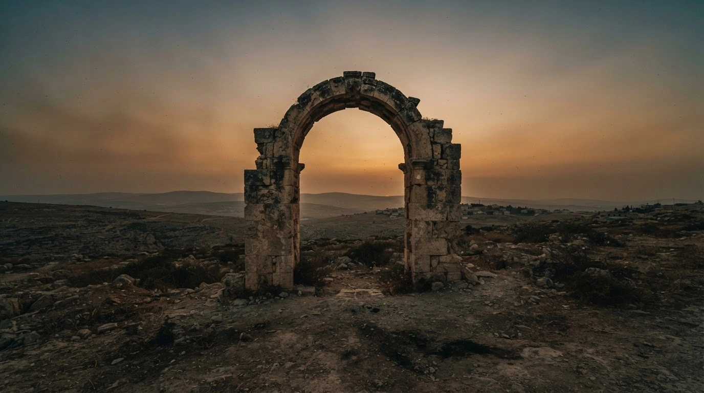 A desolate landscape featuring a stone archway under a hazy sunset, symbolizing the indefinite postponement of Palestinian elections by Mahmoud Abbas.