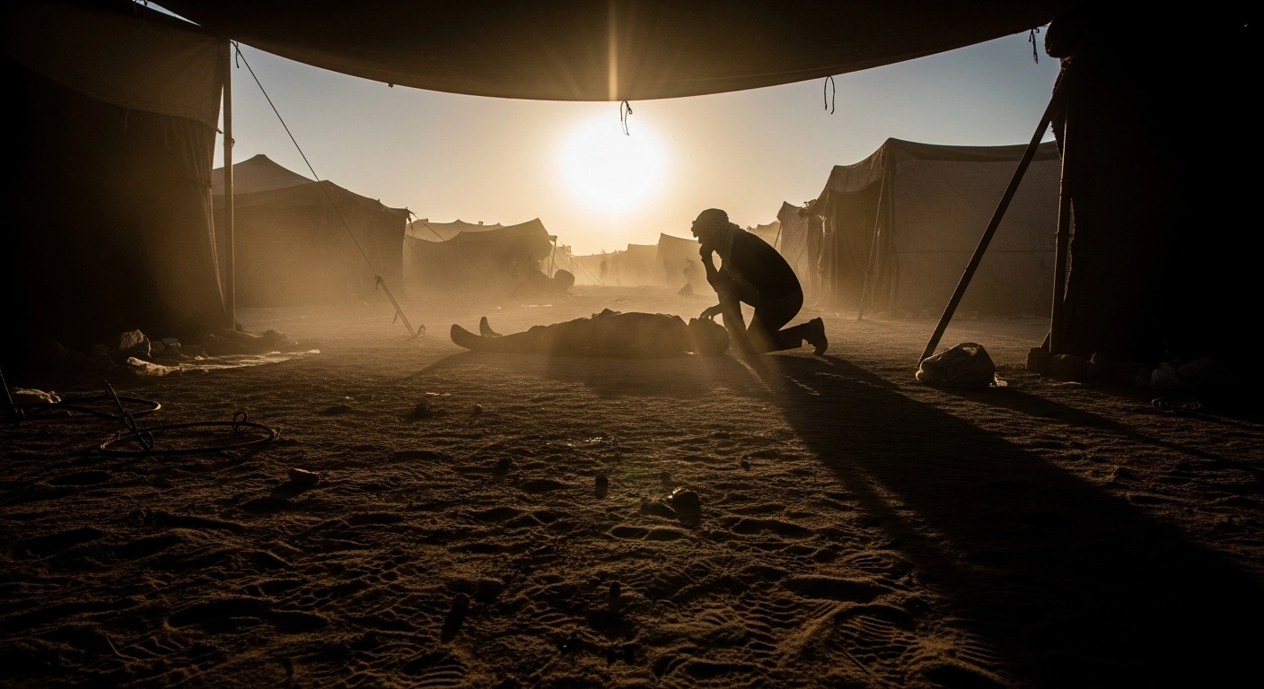 A wide, low-angle shot captures the dusty aftermath of a settler attack in a Bedouin community, showing a figure lying on the ground and another kneeling over them under harsh sunlight, depicting the injury of Palestinian civilians.