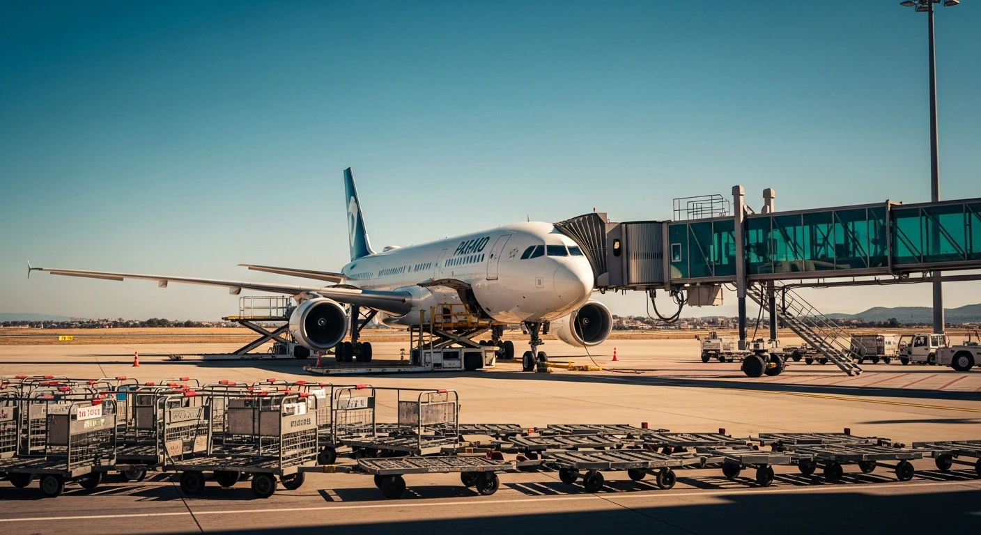 A row of idle ground handling equipment sits on the tarmac at Palma de Mallorca Airport during a staff strike in the peak summer season.