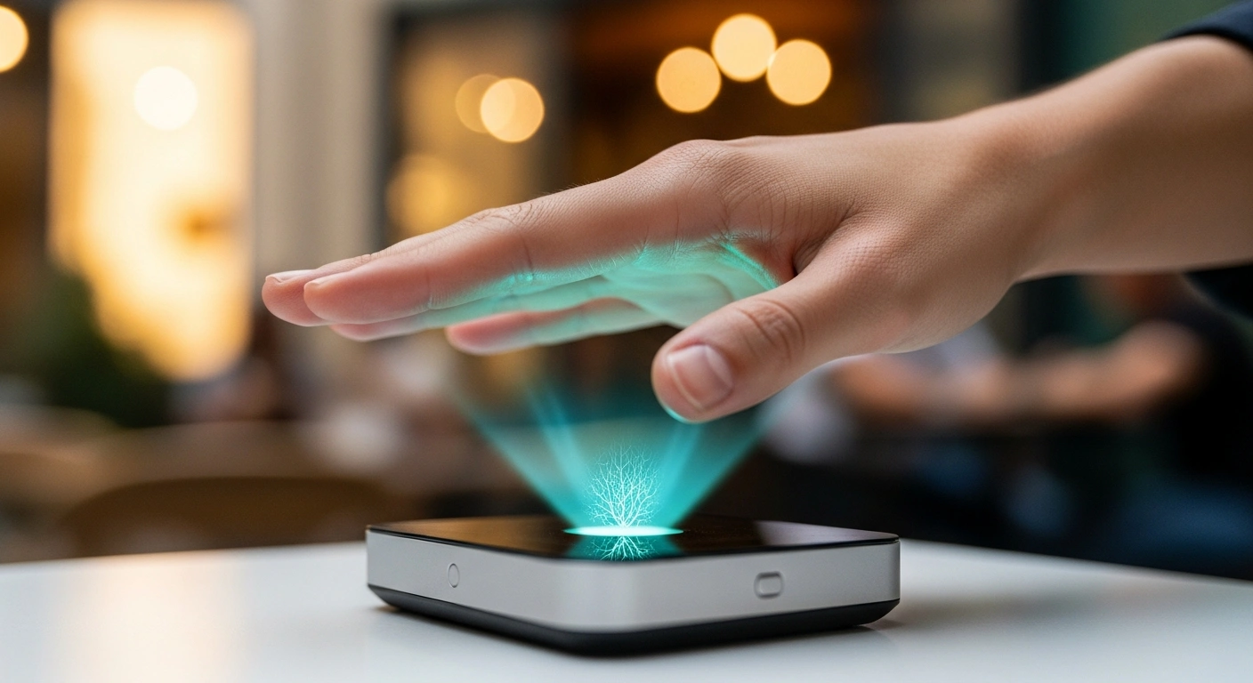 A person's hand with visible palm vein patterns is shown hovering over a sleek, glowing biometric scanner, representing the secure, contactless PalmAI Service introduced by Treeal and Tencent Cloud in the Brazilian market for payments and access control.
