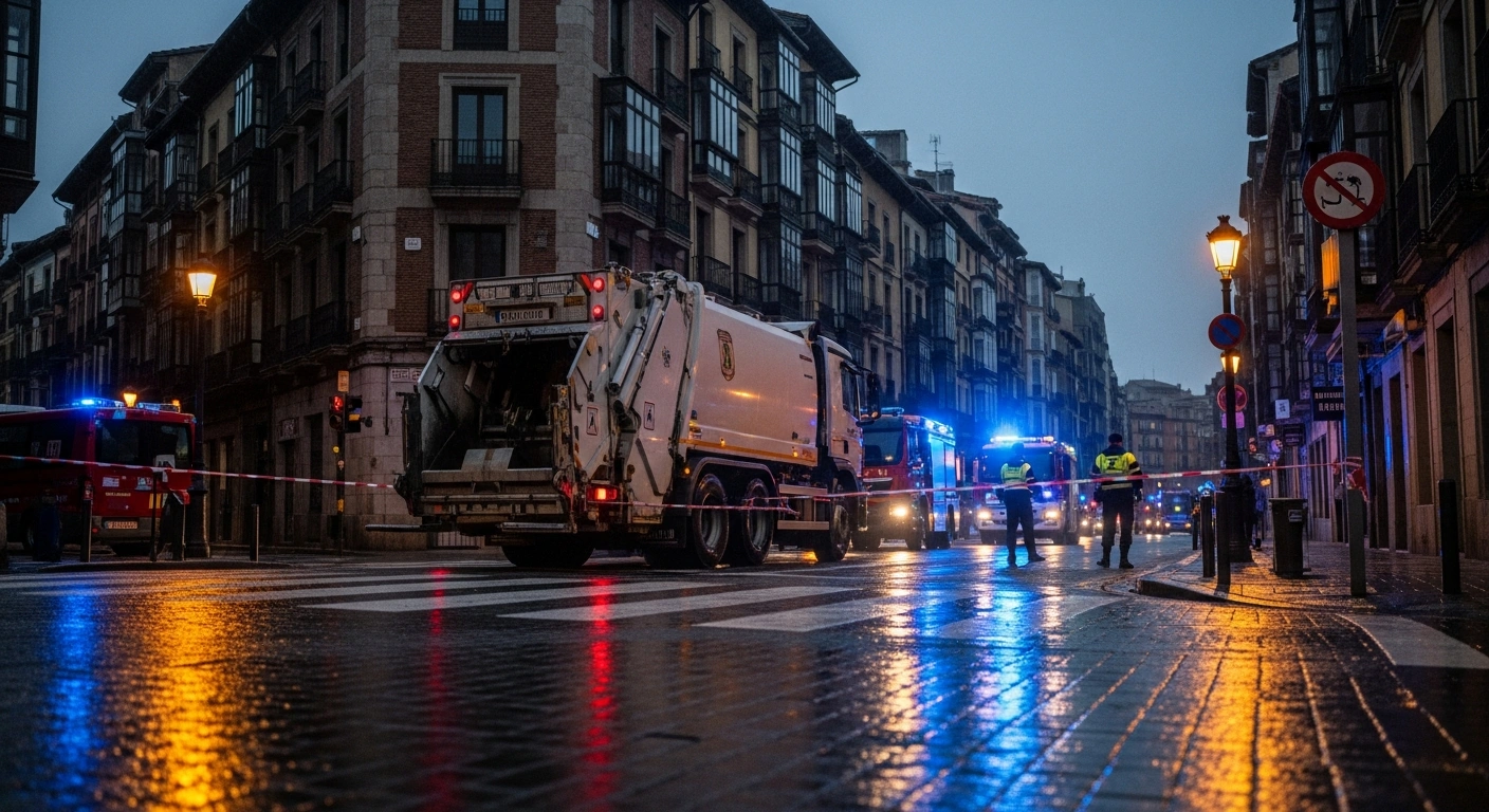 Emergency responders investigate the scene of a tragic garbage truck accident involving pedestrians on a street in Pamplona, Spain.