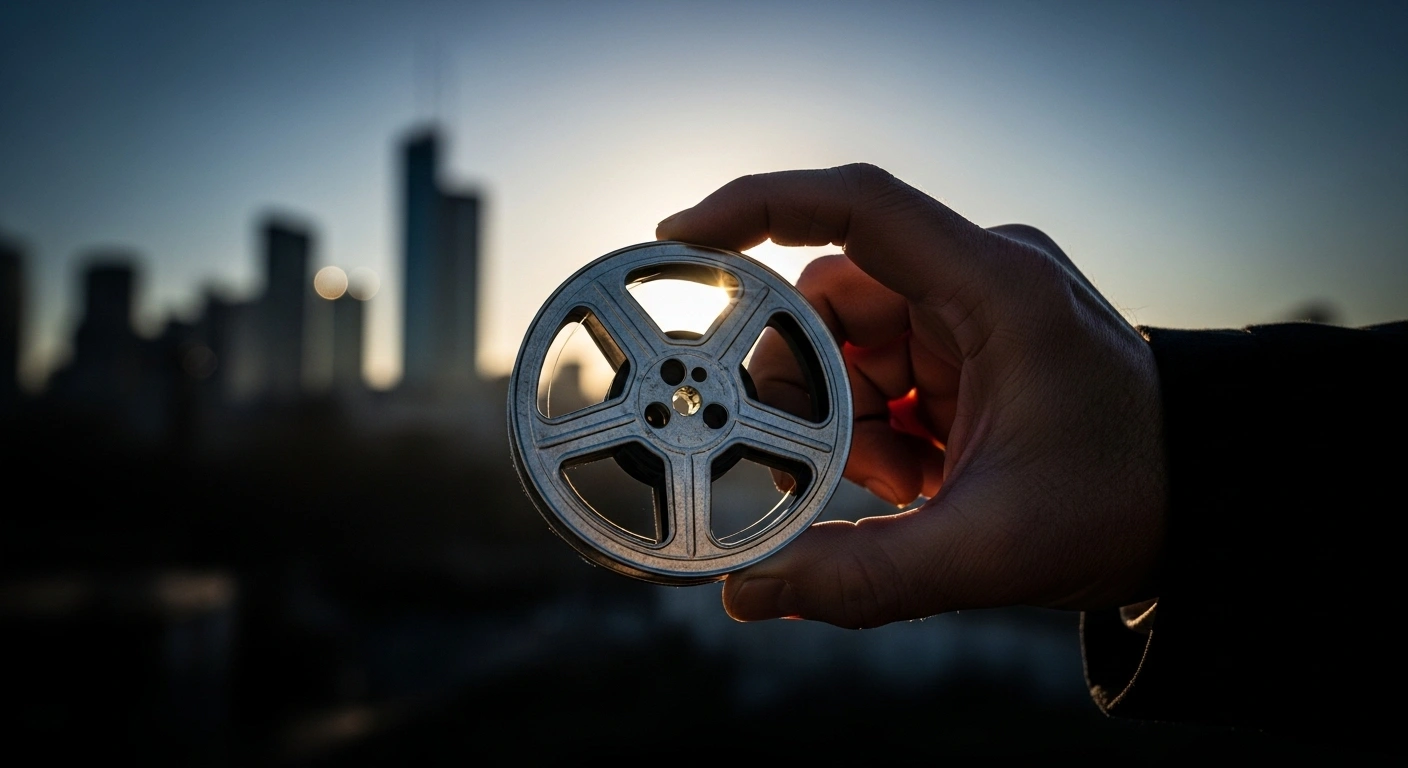 A weathered hand holds a film reel illuminated by a soft, golden light, with a blurred city skyline in the background, symbolizing Iranian dissident director Jafar Panahi's acclaimed drama 'It Was Just An Accident' chosen by France for the Academy Awards' Best International Feature Film category.