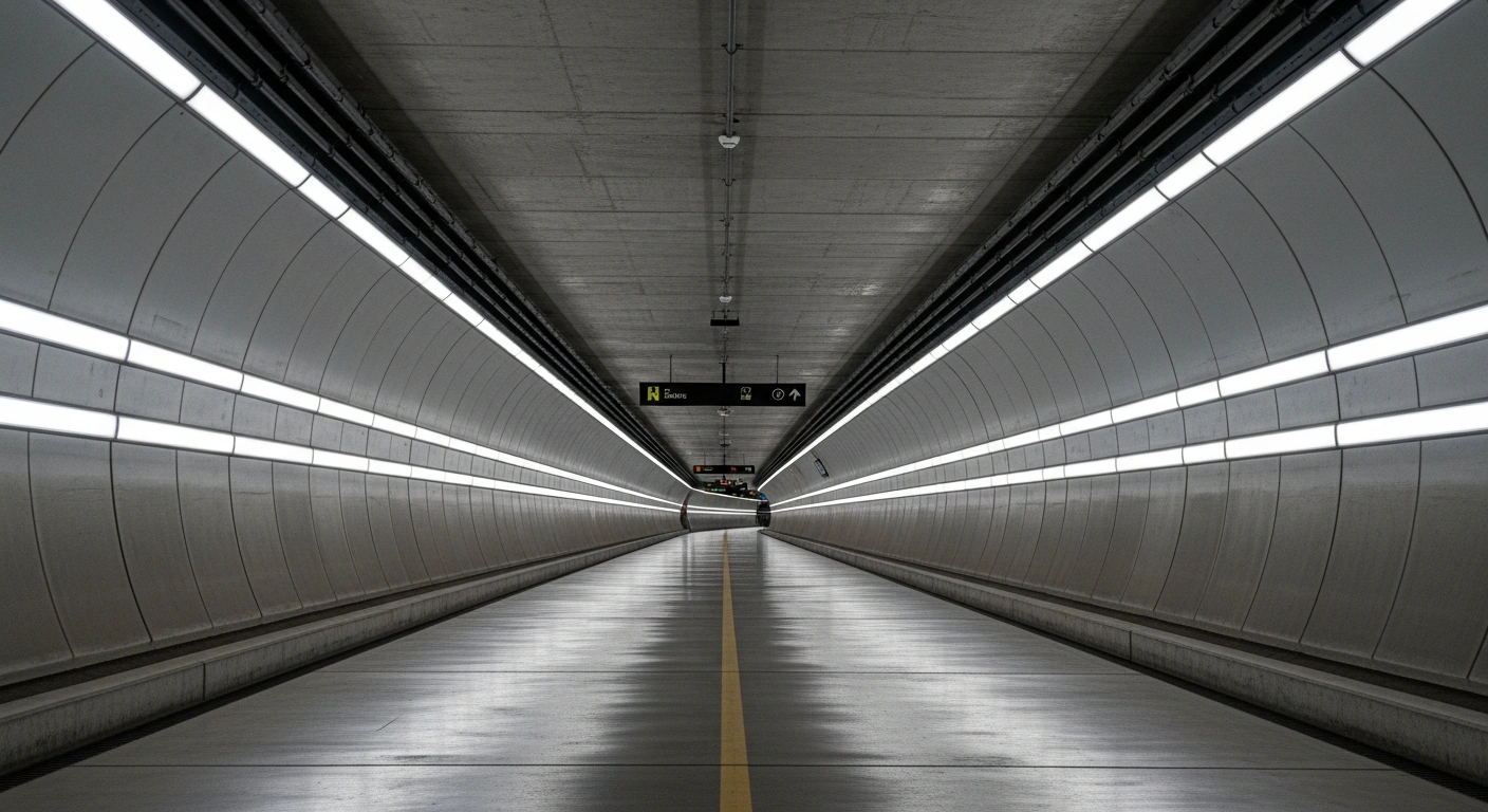 A modern, well-lit pedestrian and bicycle tunnel designed to run beneath the Panama Canal is shown as part of an innovative urban infrastructure proposal.