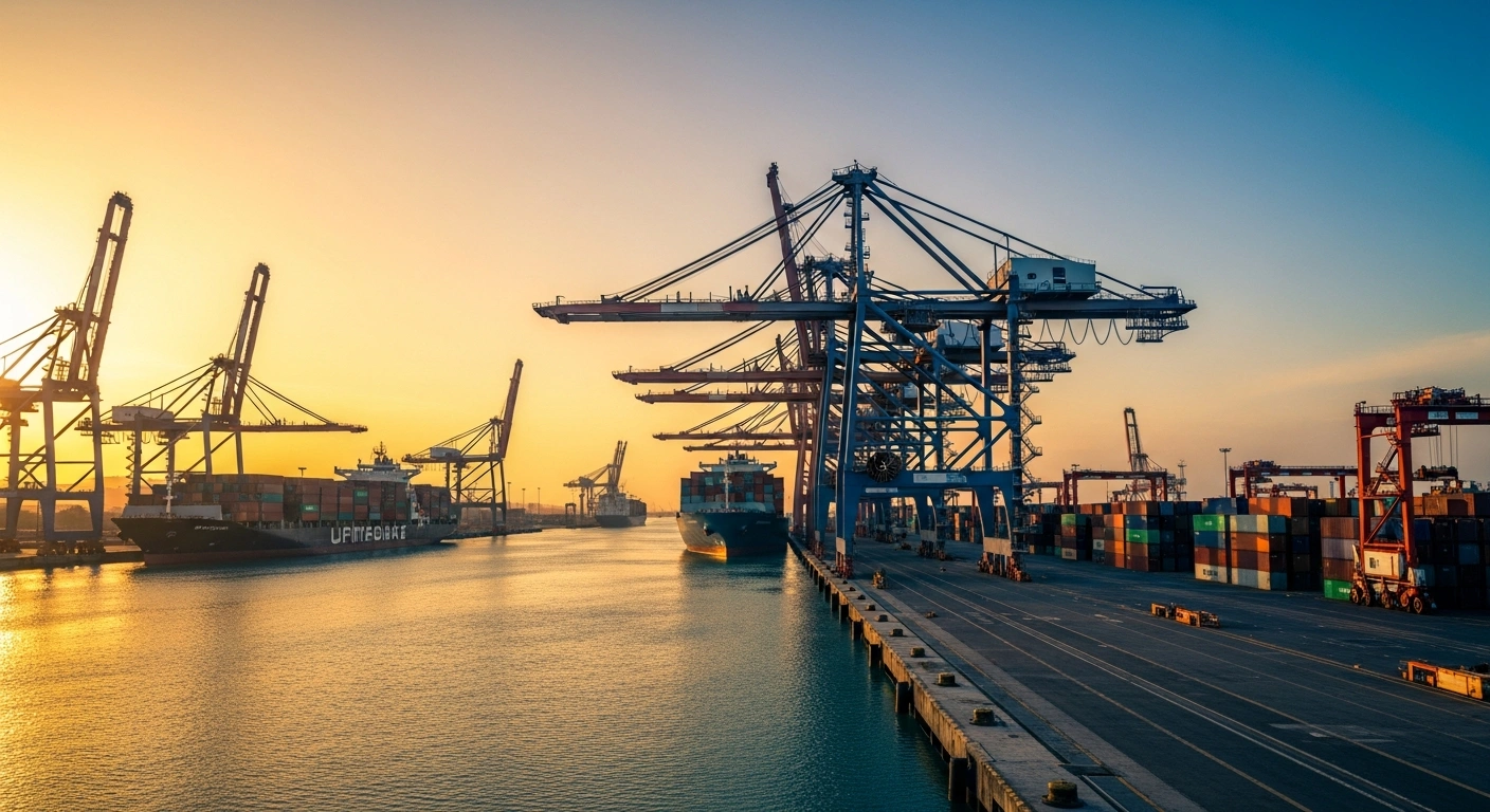 A wide-angle view of a busy container port in Panama featuring large gantry cranes and cargo ships to represent the nation's new logistics infrastructure initiative.