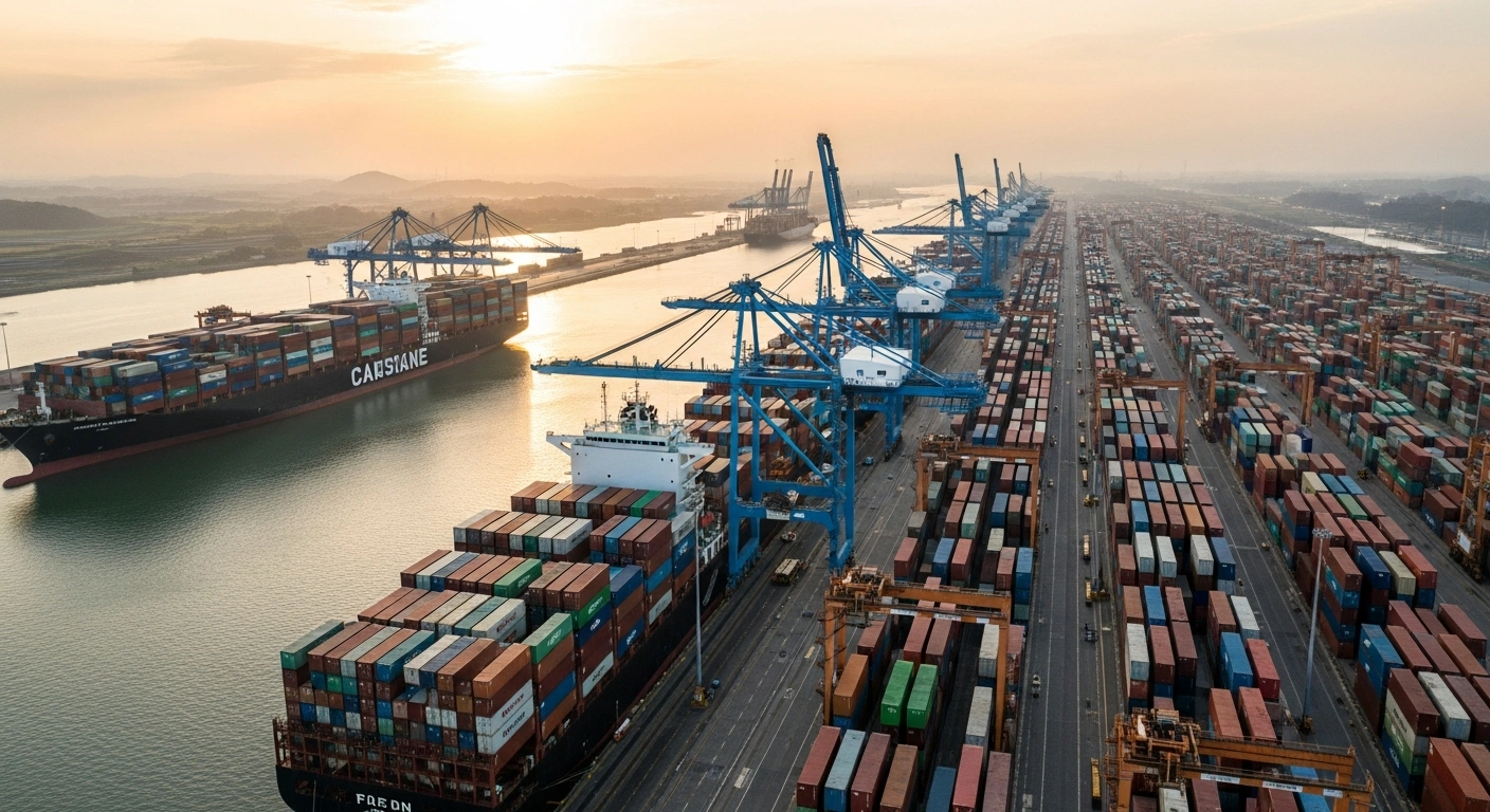 An expansive aerial view of a bustling, modern container port in Panama at dawn, featuring numerous gantry cranes actively loading and unloading large container ships, with vast stacks of brightly colored TEU containers stretching into the distance, symbolizing Panama's significant port traffic increase and its pivotal role as a global transshipment and logistics hub.