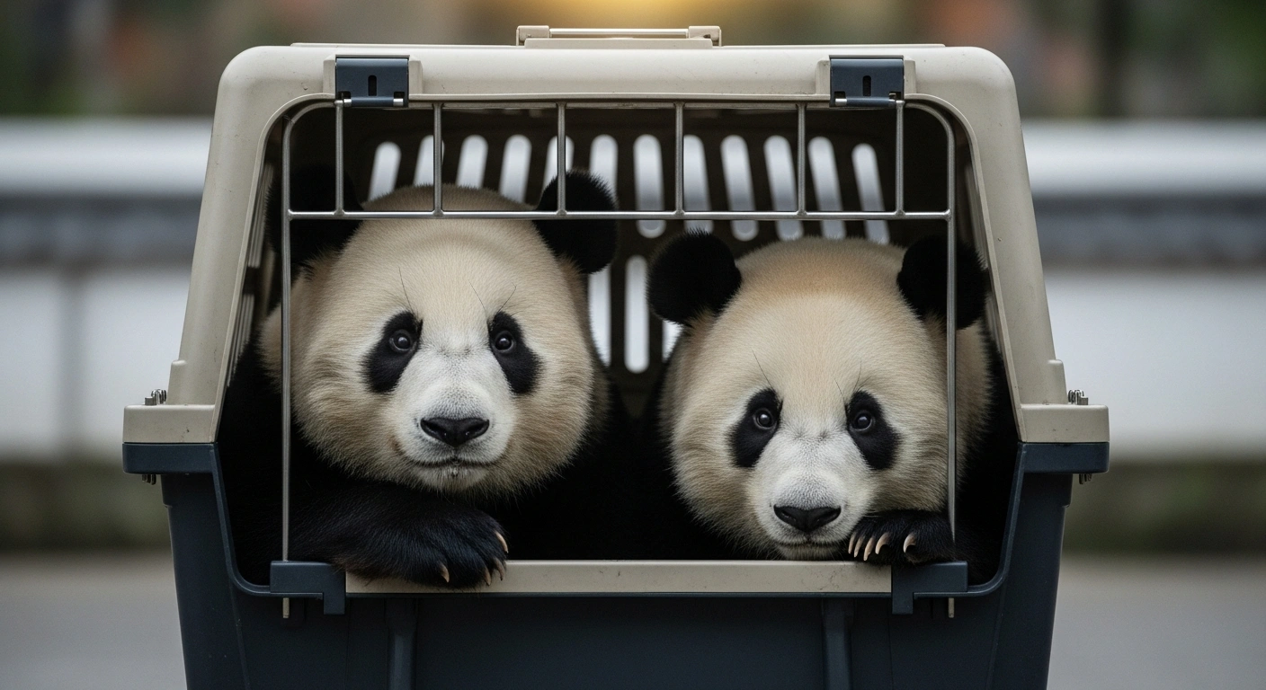 Two giant pandas, Xiao Xiao and Lei Lei, are seen looking out from a sturdy, metal-barred transport crate, with a blurred traditional Japanese garden in the background, symbolizing their repatriation from Tokyo's Ueno Zoo to China.
