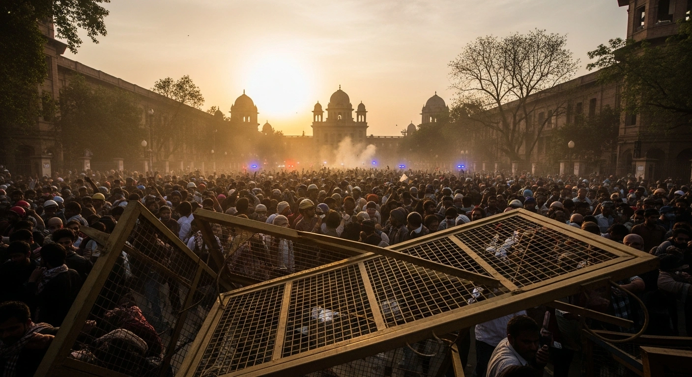 Thousands of protesters, including students and farmer groups, surge forward past a broken barricade towards Panjab University in Chandigarh, India, under a dusty golden hour sky, with distant police lights flashing.