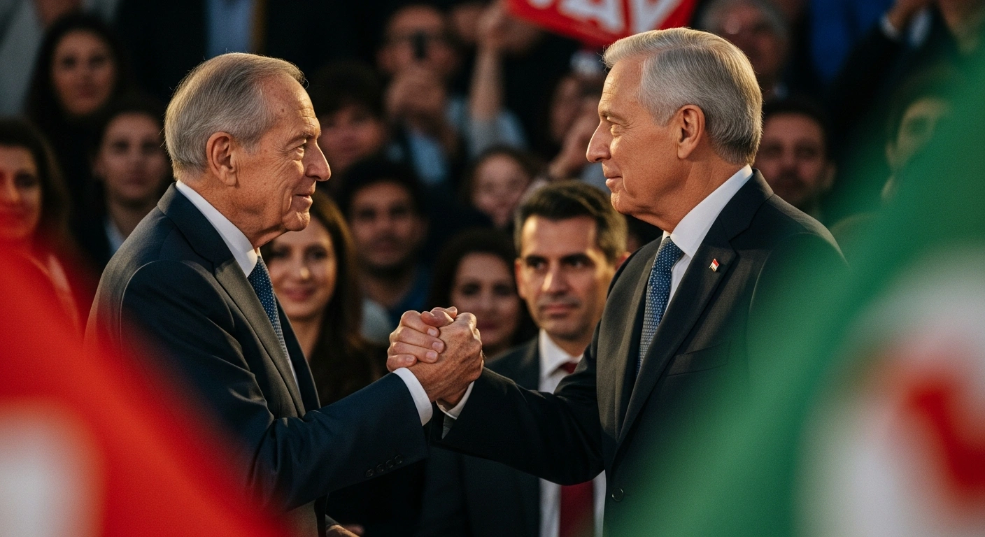 Former Tamil Nadu Chief Minister O Panneerselvam shakes hands with a Dravida Munnetra Kazhagam (DMK) leader, symbolizing his official joining of the DMK party at their headquarters in Chennai, surrounded by supporters.