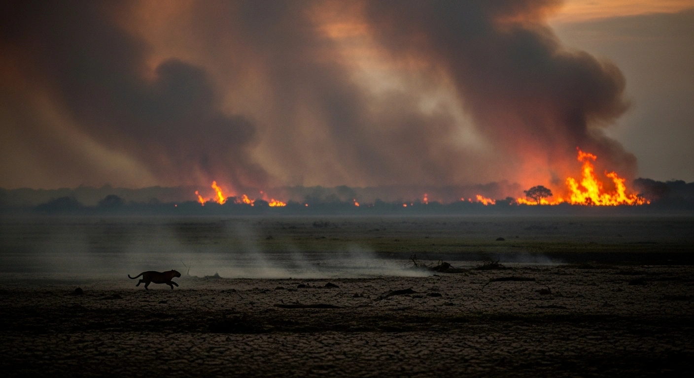 A wide shot of Brazil's Pantanal wetland at dusk, showing a vast landscape consumed by wildfires and smoke, with parched earth and a silhouetted animal fleeing, illustrating the severe drought and biodiversity threat in 2024.