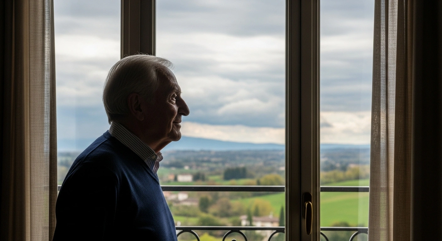 A distinguished elderly man, symbolizing the esteemed Italian meteorologist and television personality Paolo Sottocorona, stands silhouetted against a window, calmly observing a serene, slightly overcast Italian landscape with distant cumulonimbus clouds, reflecting his long career of rigorous weather forecasts for La7 and his trusted connection with Italian viewers.