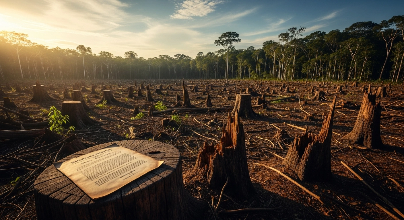 A barren patch of deforested land in the Amazon rainforest of Pará, Brazil, serves as the backdrop for a legal investigation into environmental crimes linked to former mayor Daniel Santos.