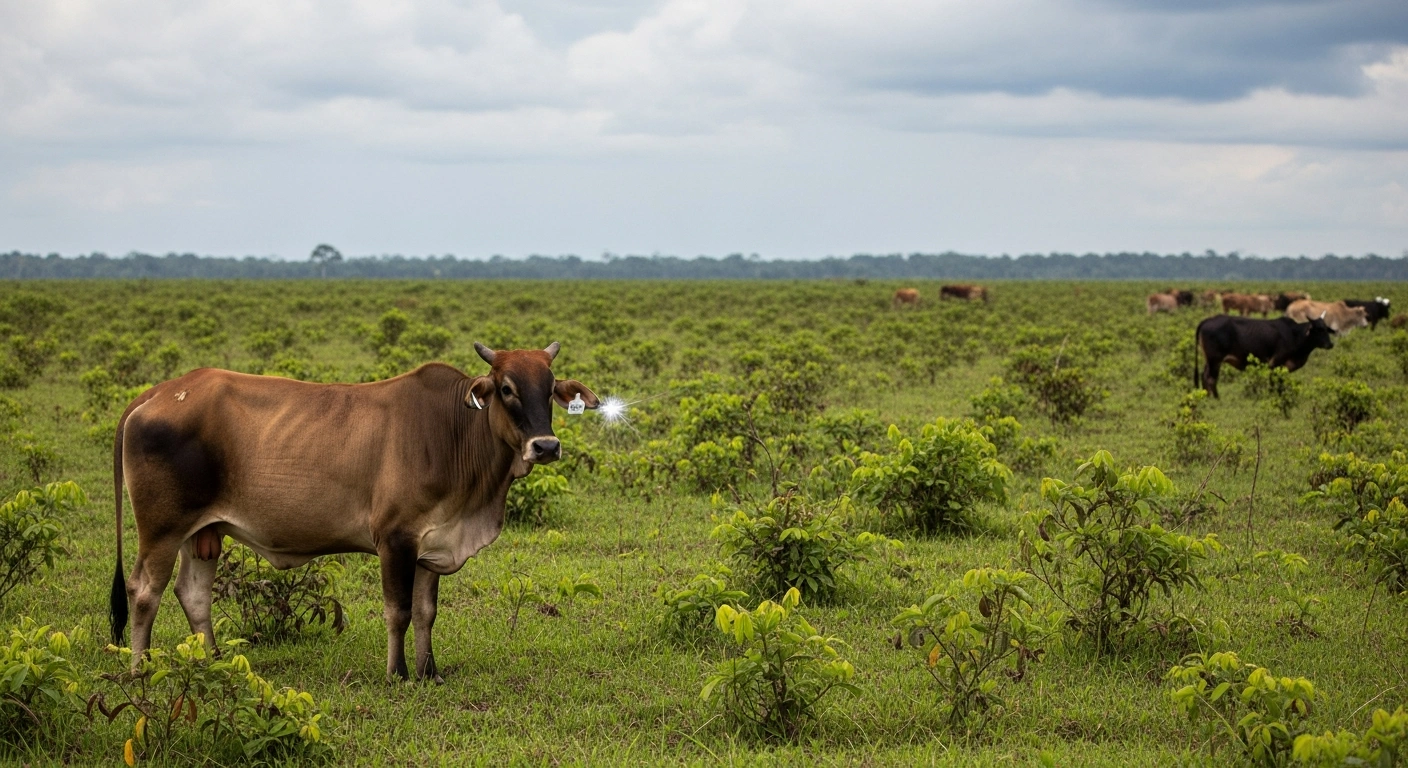 A majestic Zebu cattle with a bright, metallic ear tag stands in the foreground against a vast Amazon rainforest canopy under a diffused sky, symbolizing Brazil's Pará state's mandatory cattle tracking program to curb deforestation and link animal movements to environmental compliance.