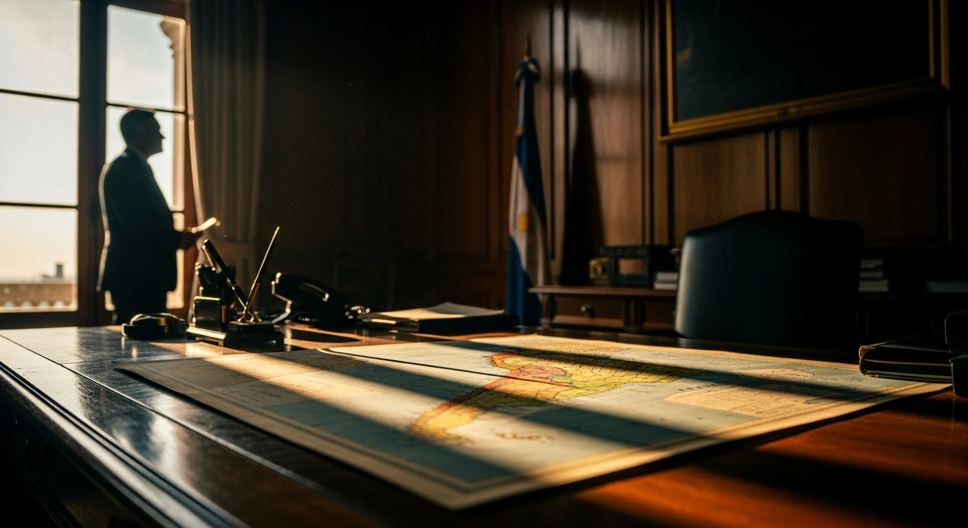 A government official stands in a dimly lit office in Paraguay, reflecting on the historical tensions between Paraguay and Brazil regarding the 19th-century Paraguayan War.