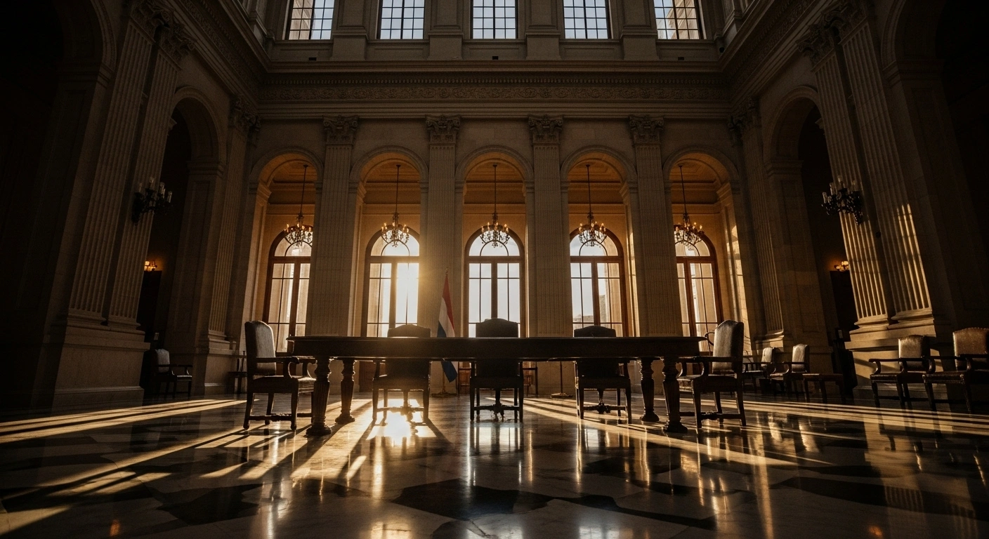 A grand, sun-drenched neoclassical hall with a large ornate wooden table, symbolizing the commitment to human rights and justice as Paraguay hosts the Inter-American Court of Human Rights in Asunción.