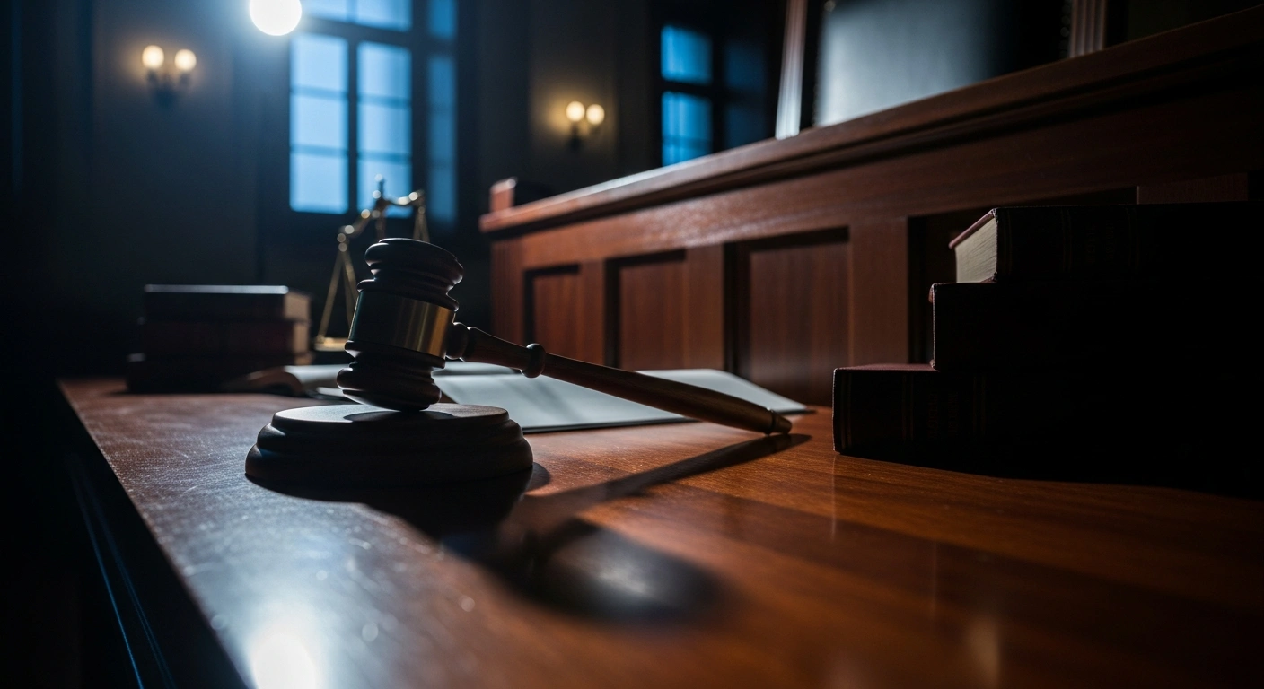 A wooden gavel sits on a courtroom bench representing the federal judge's injunction blocking the Paramount Global and Skydance Media merger.
