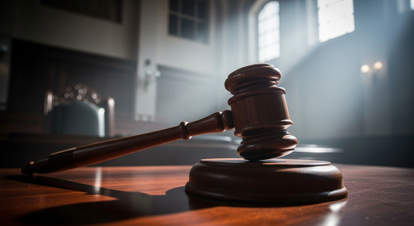 A wooden judge's gavel rests on a desk in a courtroom after a federal judge blocked the merger between Paramount Global and Skydance Media.
