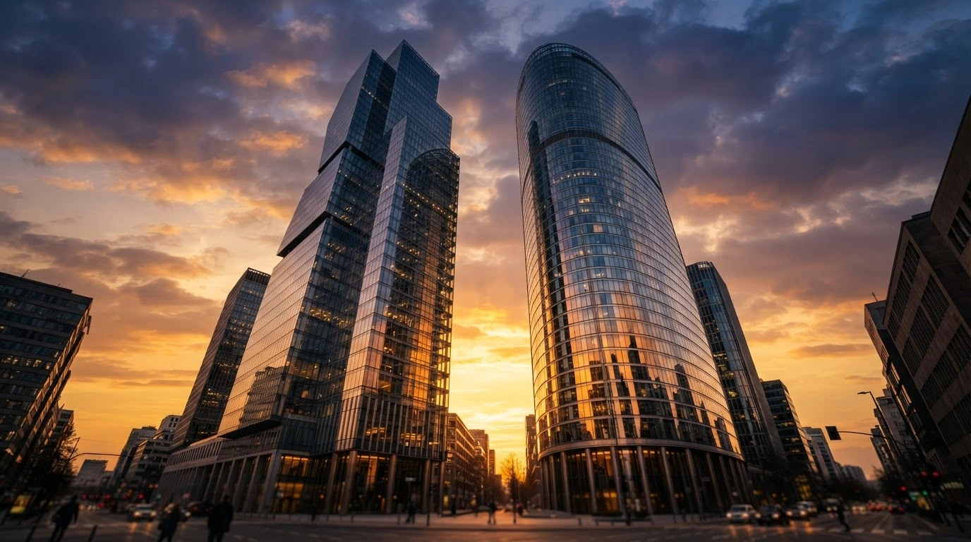 Two modern glass skyscrapers stand side by side at sunset, representing the corporate merger between Paramount and Warner Bros. Discovery.