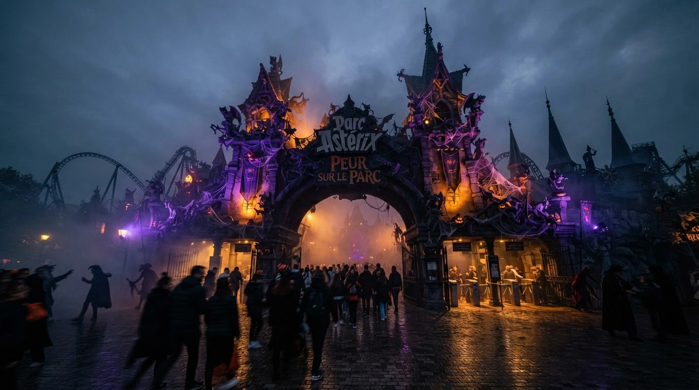 The entrance of Parc Astérix in France is decorated with spooky Halloween lighting and thick fog for the Peur sur le Parc event.