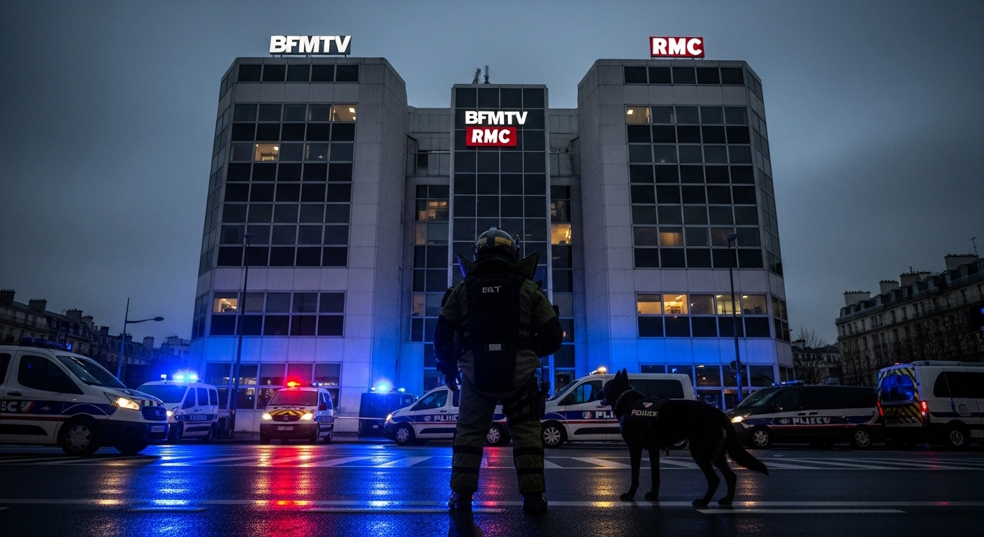 A low-angle view of the BFMTV and RMC headquarters in Paris at twilight, with flashing blue and red emergency lights from police vehicles on the wet street below, and a bomb disposal expert standing near a police K9 unit, following a bomb alert evacuation.