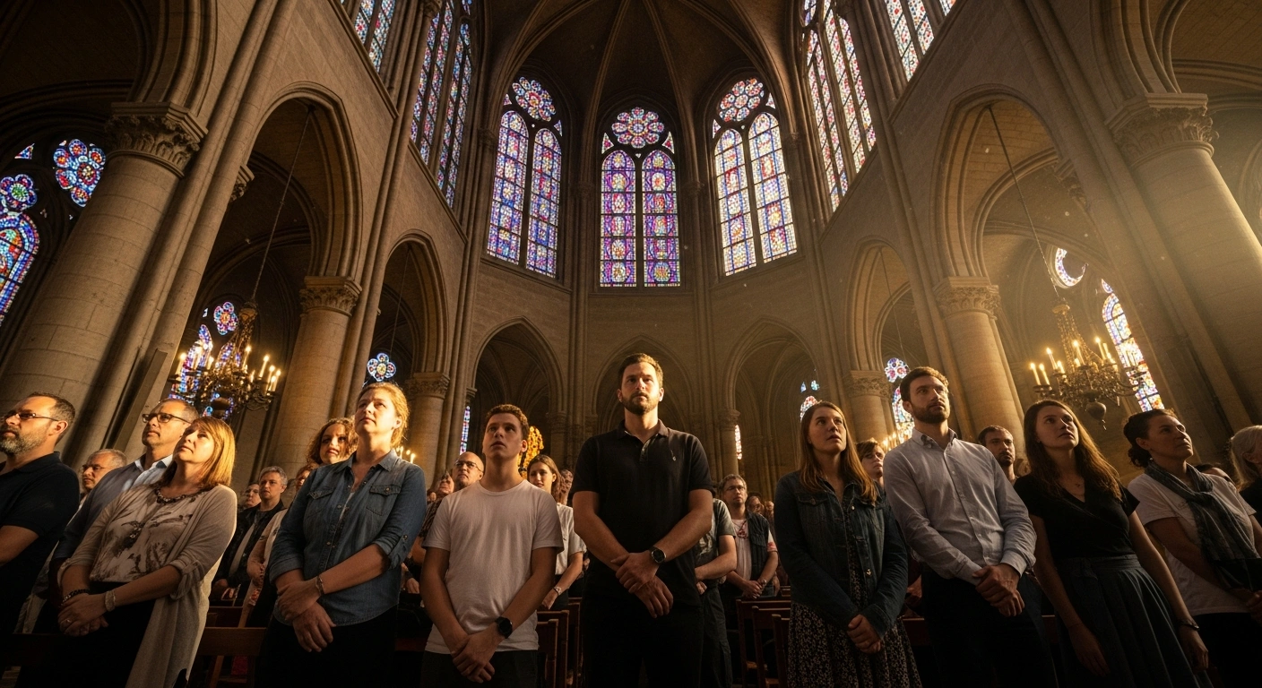 A wide, low-angle shot inside a grand Parisian cathedral shows golden light streaming through a high stained-glass window, illuminating a diverse crowd of reverent individuals, young and old, gathered within the vast space, representing the surge in adult and youth conversions in France and record baptisms in Paris.