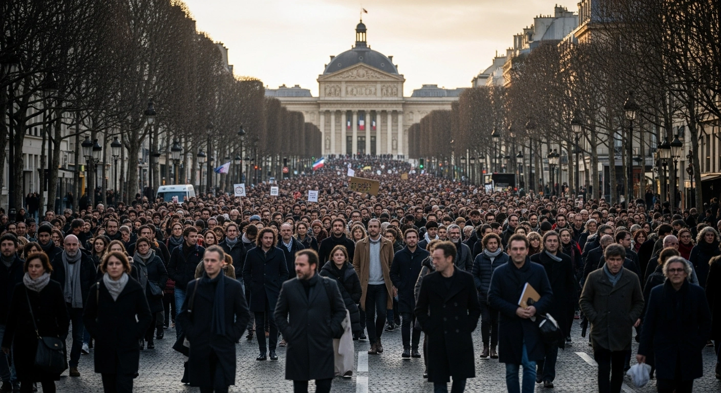 A large demonstration of educators from the Île-de-France region is seen marching determinedly through a historic Parisian avenue towards the Ministry of National Education, protesting planned staff cuts of up to 4,000 positions and insufficient resource allocation for the upcoming school year.