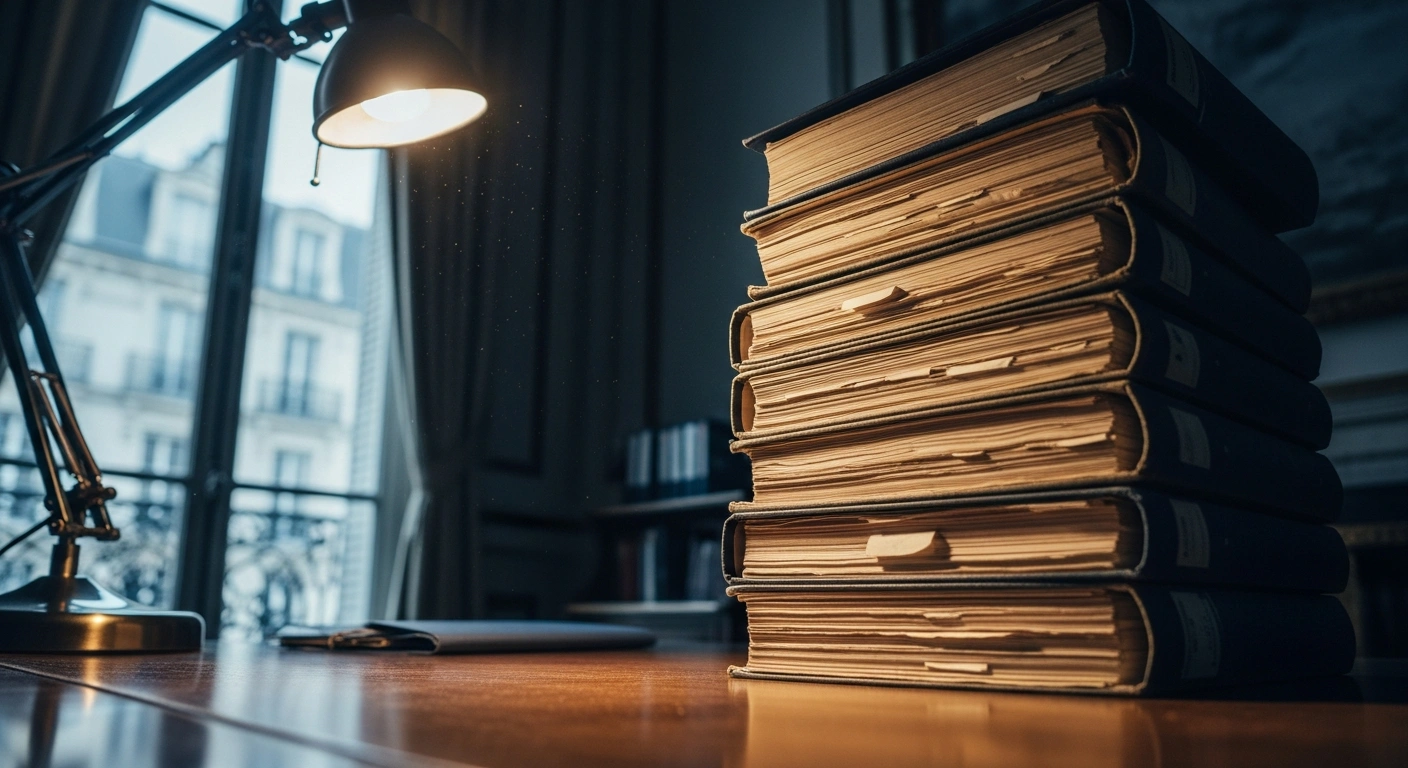 A towering stack of official files sits on a dark wooden desk, dramatically lit, symbolizing the Paris prosecutor's office re-examining Jeffrey Epstein files for potential crimes involving French nationals and the case of Jean-Luc Brunel.