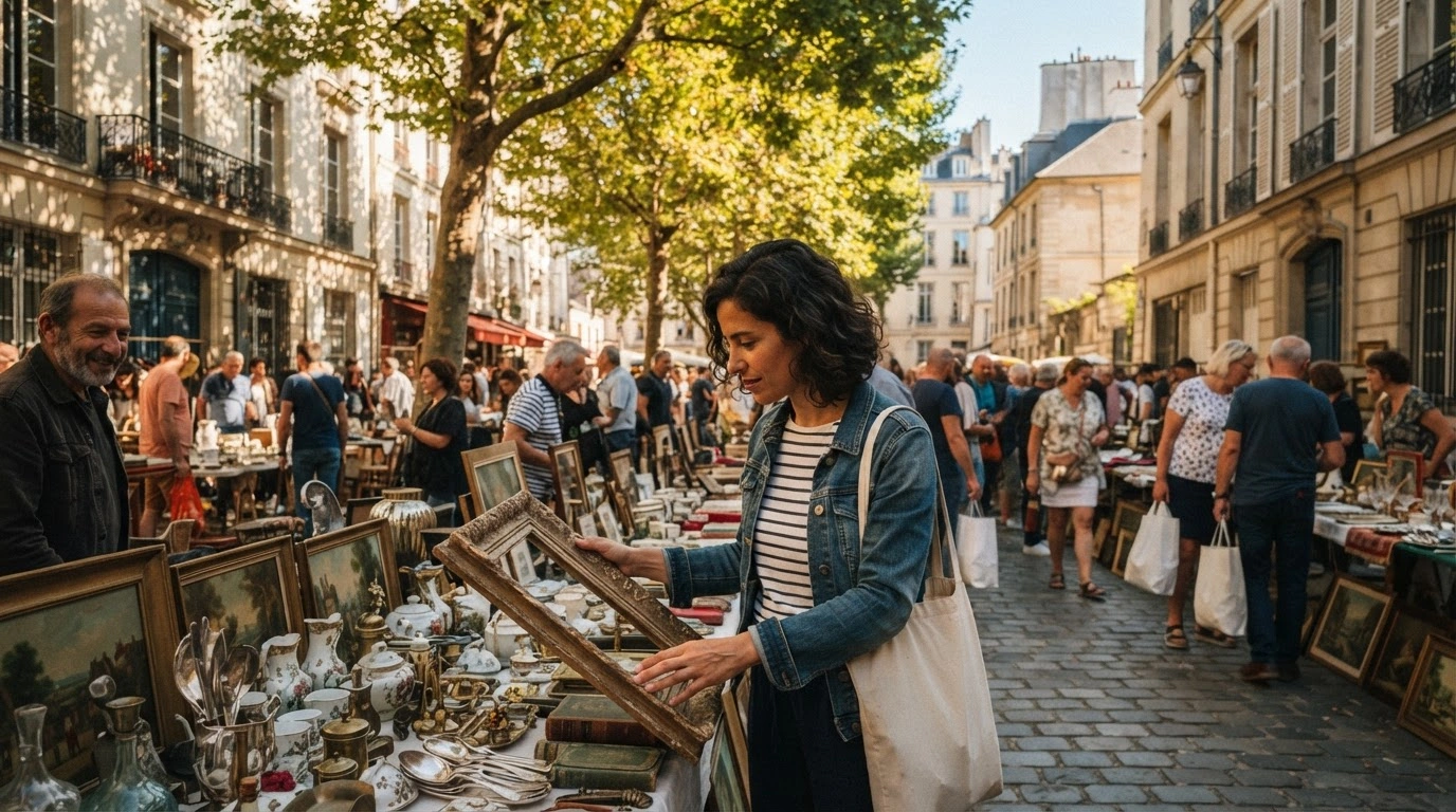 A vibrant Parisian flea market features tables filled with antiques and second-hand goods on a sunny street in the Ile-de-France region.