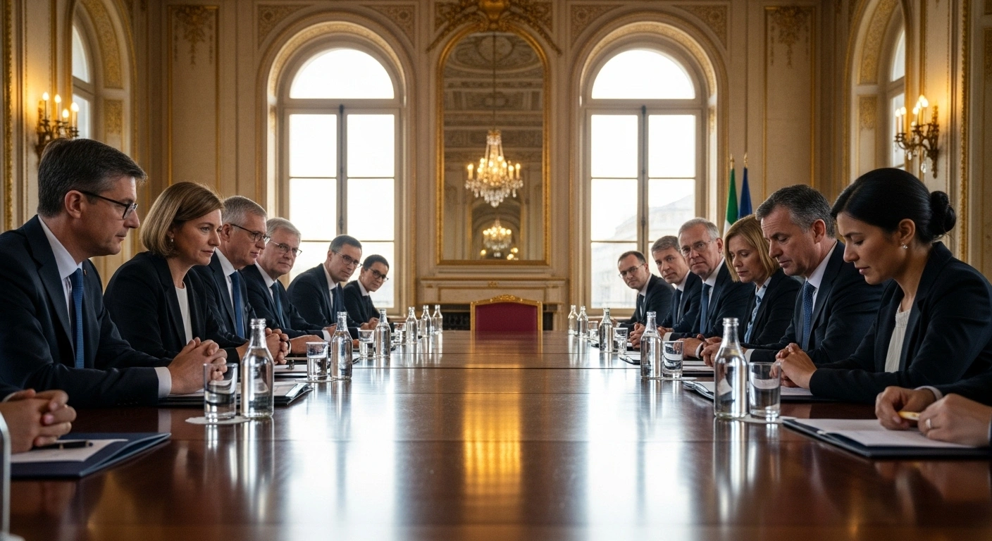Western and Arab foreign ministers are seated around a long, polished table in a grand Parisian conference room, engaged in intense discussions about establishing an international peacekeeping force, coordinating reconstruction efforts, and outlining post-war governance for Gaza, following a ceasefire agreement.