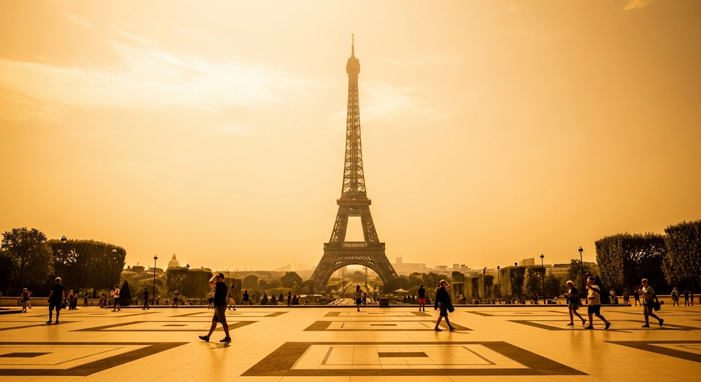 The Eiffel Tower stands under a bright, intense sun as Paris experiences an unseasonably warm heat wave with temperatures reaching 31 degrees Celsius.