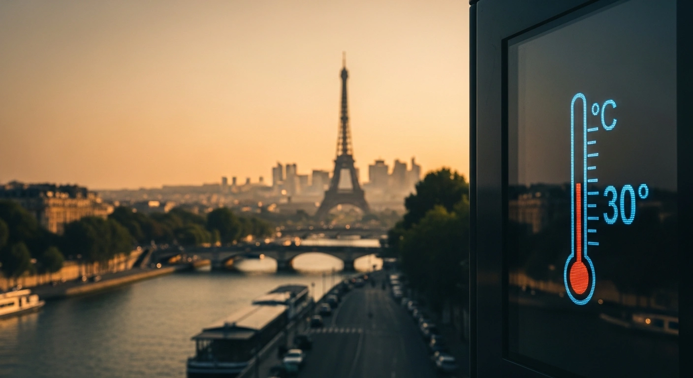 A view of the Paris skyline at sunset as the intense heatwave ends and temperatures drop in the Île-de-France region.