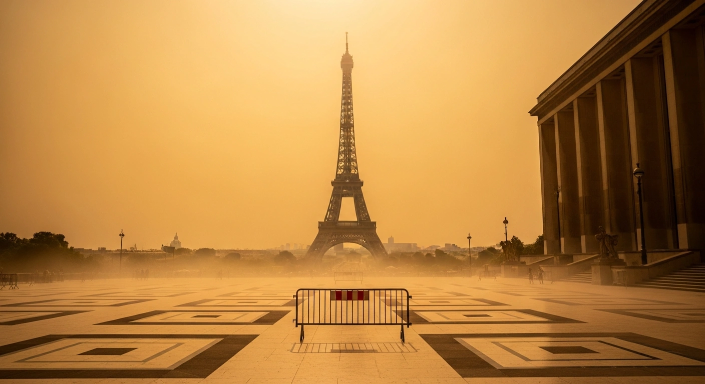The Eiffel Tower stands under a clear sky during a severe heatwave in Paris while visitor access is restricted due to extreme temperatures.