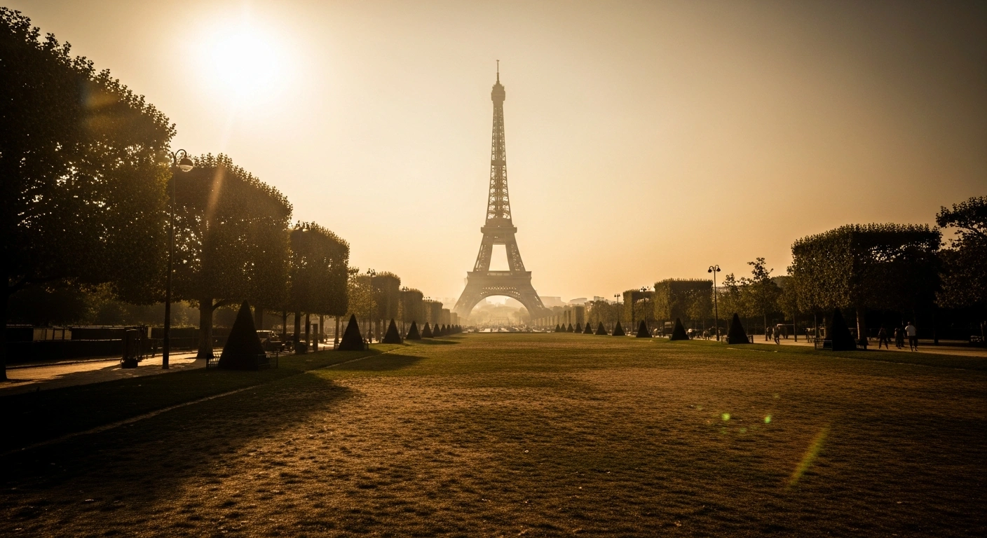 The Eiffel Tower stands in the distance behind shimmering heat waves during an intense summer heatwave in Paris.