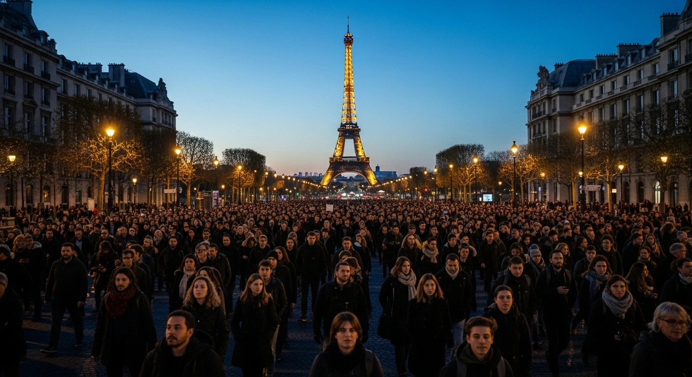 Thousands of people march solemnly down a grand Parisian avenue at twilight, with the iconic Eiffel Tower visible in the background, as they call for the release of 48 hostages and commemorate victims of the October 7, 2023 attacks.