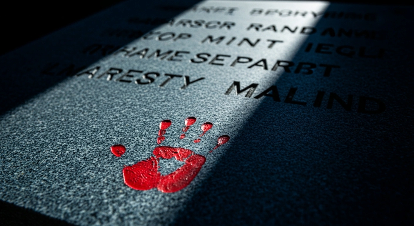 A close-up of a dark stone memorial wall prominently featuring a single, vivid red handprint, symbolizing the vandalism at the Paris Holocaust Memorial by Bulgarian nationals linked to a Russian destabilization network.