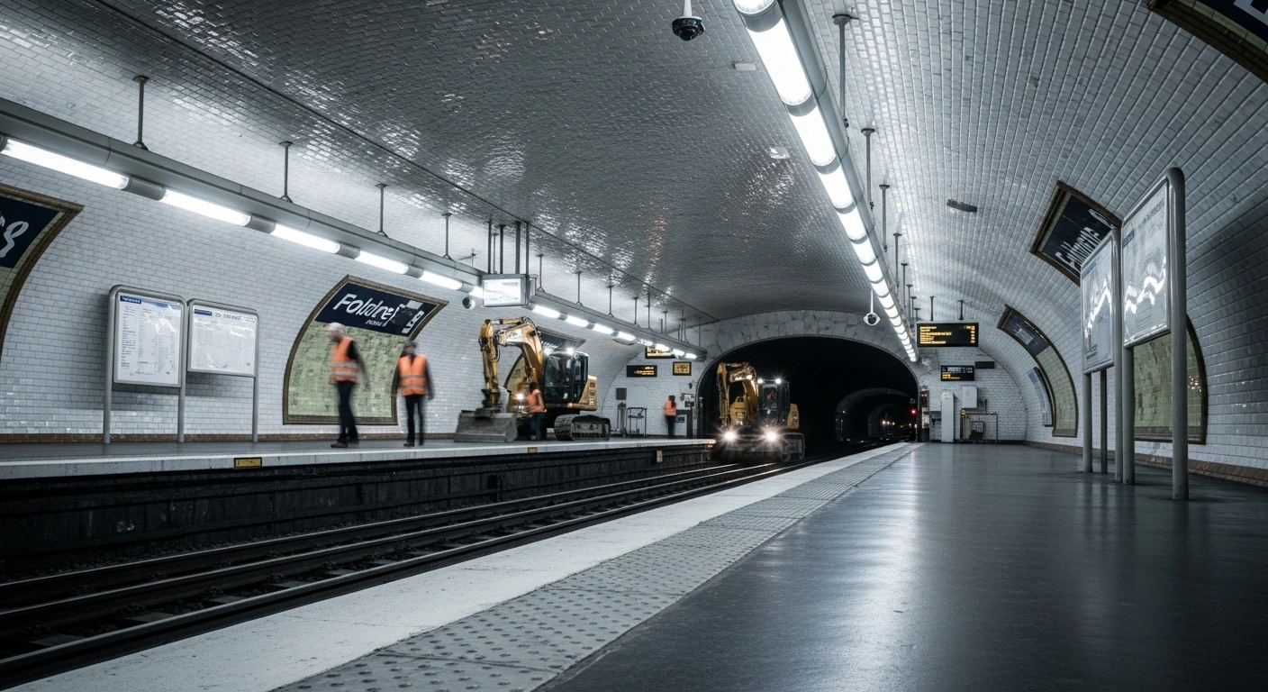 Construction workers perform essential maintenance on an empty metro platform in the Île-de-France region during a weekend service disruption.