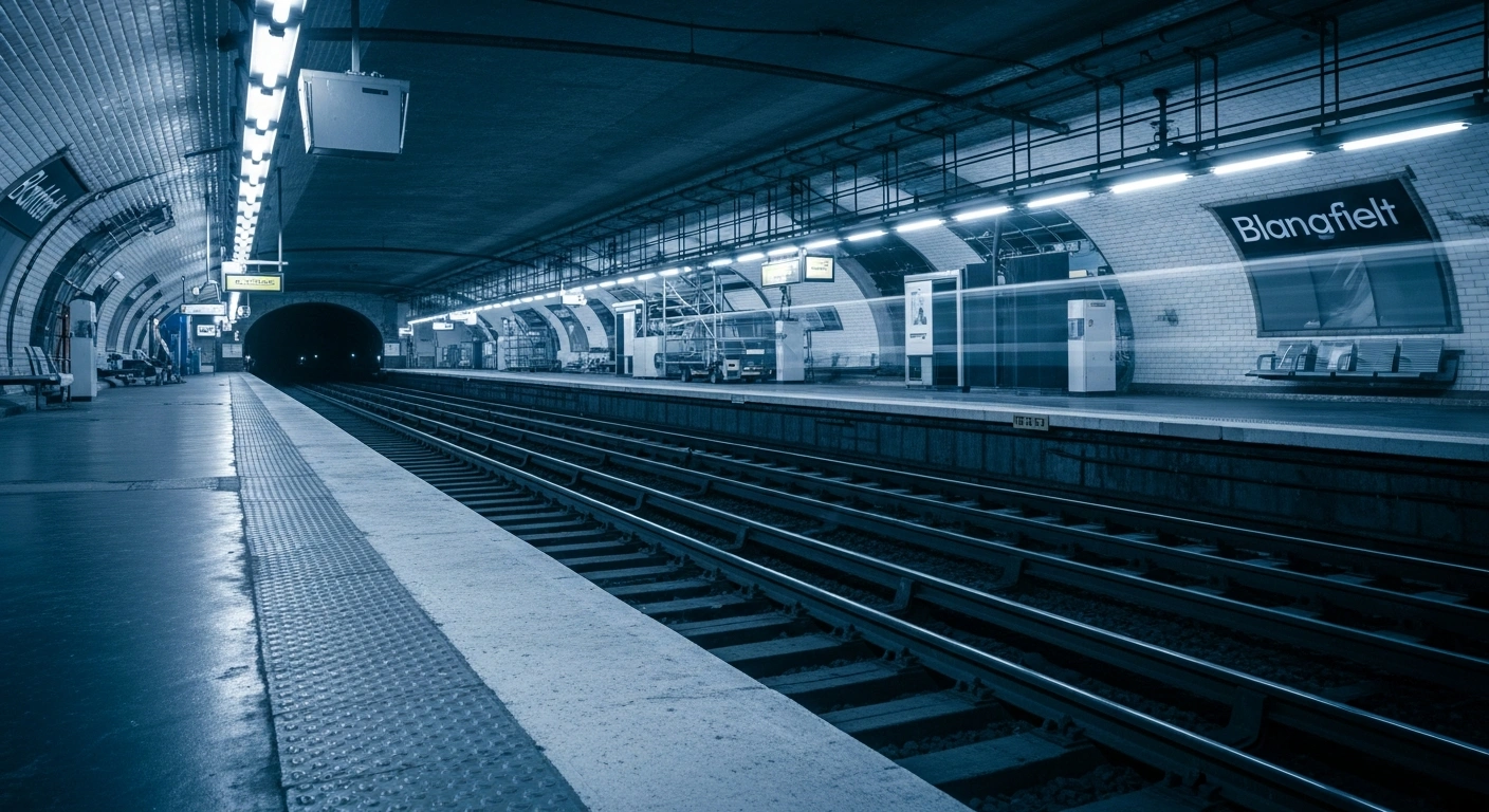 A deserted Paris metro station undergoes extensive infrastructure modernization with construction equipment visible on the tracks during a service disruption.