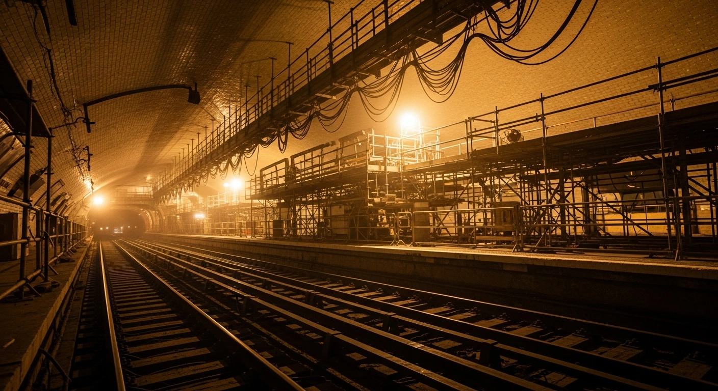Construction workers perform modernization upgrades on the tracks of a Paris Metro station during a scheduled infrastructure closure.