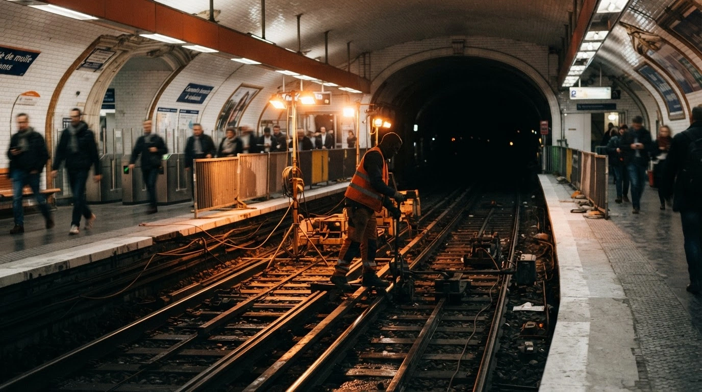 A transit worker inspects subway tracks during infrastructure upgrades at a Paris Metro station while commuters walk past closed gates.