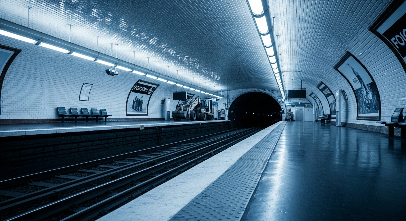 An empty Paris Metro station platform is closed for modernization works during a service suspension on Line 13.
