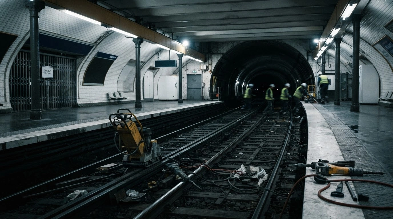 An empty Paris Metro Line 6 station platform is closed for infrastructure modernization and maintenance work on the tracks.