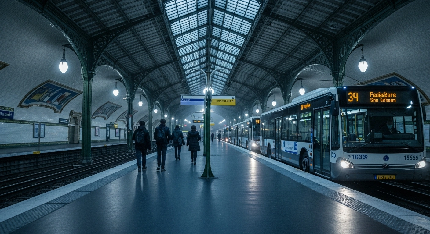 A wide, low-angle shot inside a historic Parisian metro station features quiet platforms, ornate ironwork, and tiled walls, where a few weary commuters navigate towards modern replacement buses, reflecting the recent conclusion of major modernization disruptions to Paris's metro, RER, and Transilien networks in the Île-de-France region.
