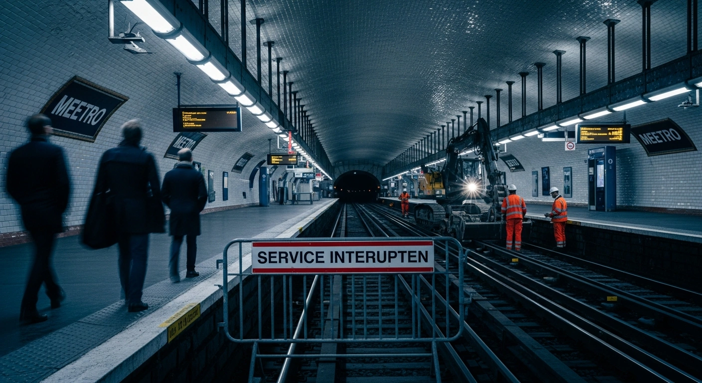 Commuters navigate a closed Paris metro station platform during extensive RATP and SNCF maintenance work.